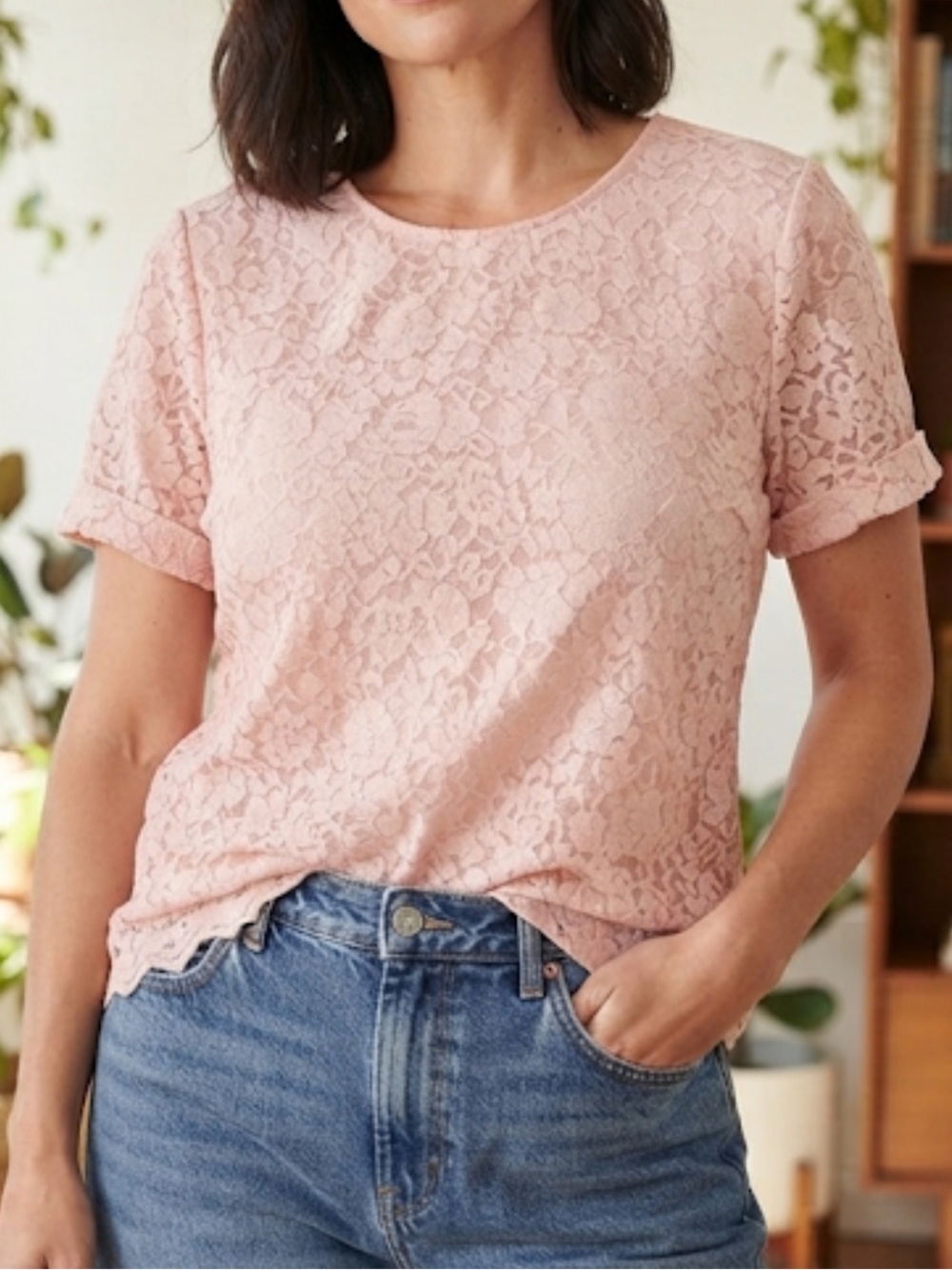 Teddi Rose Women’s Pink Floral Lace Overlay Short Sleeve Soft Slim Blouse L